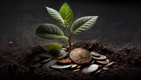 Growing Money - Plant On Coins - Finance And Investment Conceptの素材