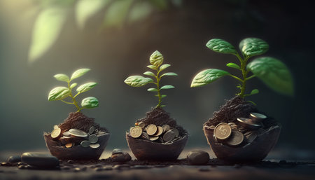 Growing plants on coins stacked on green blurred backgrounds and natural light with financial ideasの素材