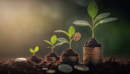 Growing plants on coins stacked on green blurred backgrounds and natural light with financial ideasの素材