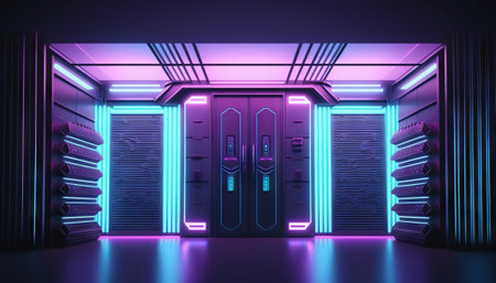 This image showcases a vibrant 3D render of a neon laser glowing in shades of purple and blueの素材