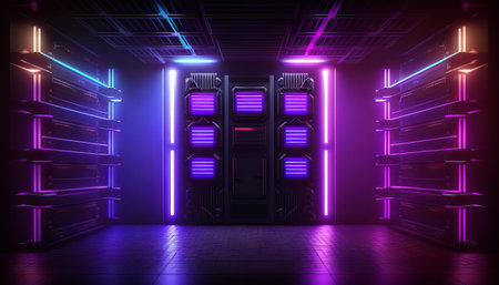 This image showcases a vibrant 3D render of a neon laser glowing in shades of purple and blueの素材