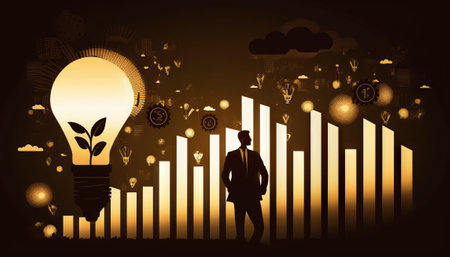a silhouette Businessman holding creative light bulb with growth graph and banking icons financial technologyの素材