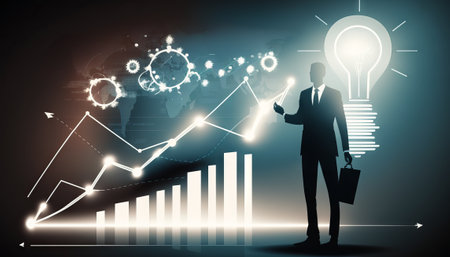 a silhouette Businessman holding creative light bulb with growth graph and banking icons financial technologyの素材