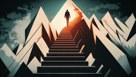 Business concept illustration of a man walking on a stairway leading up to up arrowの素材