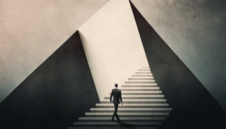 Business concept illustration of a man walking on a stairway leading up to up arrowの素材