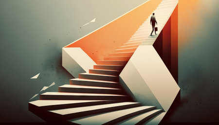 Business concept illustration of a man walking on a stairway leading up to up arrowの素材