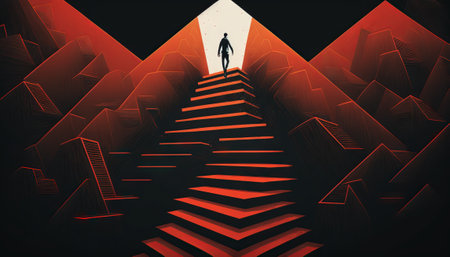 Business concept illustration of a man walking on a stairway leading up to up arrowの素材