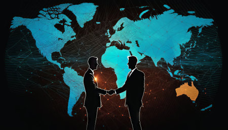 Two businessman investor handshake with effect global world map network link connection and graph chart stock market diagram, digital technologyの素材