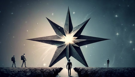 Man points to the star and leads his friends to follow him on his way forward, success journey, leadership.の素材