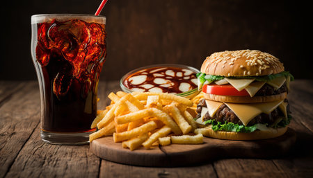 fast food and unhealthy eating concept - close up of fast food snacks and cola drink on wooden tableの素材