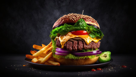 Front view yummy meat cheeseburger with french fries on dark background dinner burgers snack fast-food sandwich salad dish toastの素材