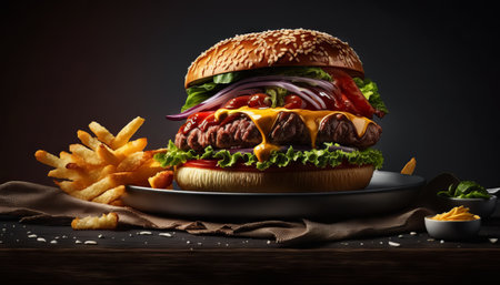 Front view yummy meat cheeseburger with french fries on dark background dinner burgers snack fast-food sandwich salad dish toastの素材