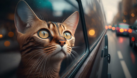 Funny cat rides in a car and looks out of the window at the street. The journey of a person and a pet, hyper realistic bokeh photographyの素材