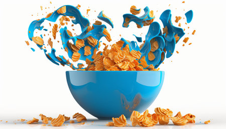 cornflakes in blue bowl. Breakfast cereal with splashing milk isolated on white backgroundの素材