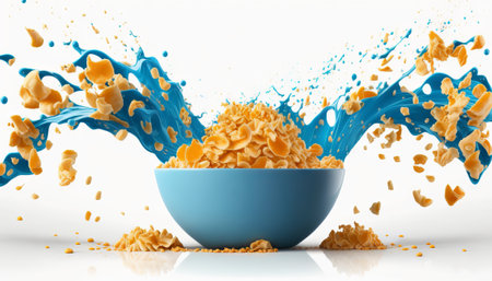 cornflakes in blue bowl. Breakfast cereal with splashing milk isolated on white backgroundの素材