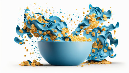 cornflakes in blue bowl. Breakfast cereal with splashing milk isolated on white backgroundの素材