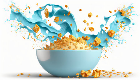 cornflakes in blue bowl. Breakfast cereal with splashing milk isolated on white backgroundの素材