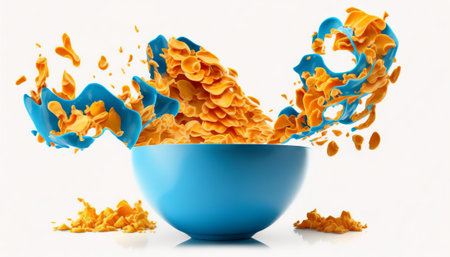 cornflakes in blue bowl. Breakfast cereal with splashing milk isolated on white backgroundの素材