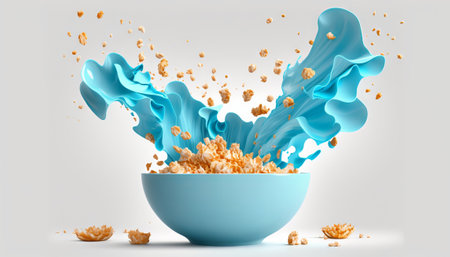 cornflakes in blue bowl. Breakfast cereal with splashing milk isolated on white backgroundの素材