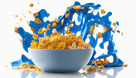 cornflakes in blue bowl. Breakfast cereal with splashing milk isolated on white backgroundの素材