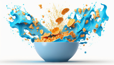 cornflakes in blue bowl. Breakfast cereal with splashing milk isolated on white backgroundの素材