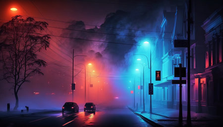 Dark street, night smog and smoke neon light. Dark background of the night city, ray of light in the dark. Gloomy dark backgroundの素材