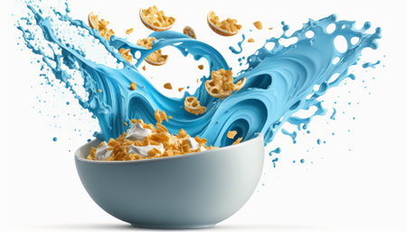cornflakes in blue bowl. Breakfast cereal with splashing milk isolated on white backgroundの素材
