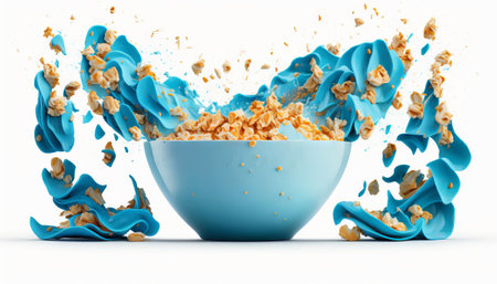 cornflakes in blue bowl. Breakfast cereal with splashing milk isolated on white backgroundの素材