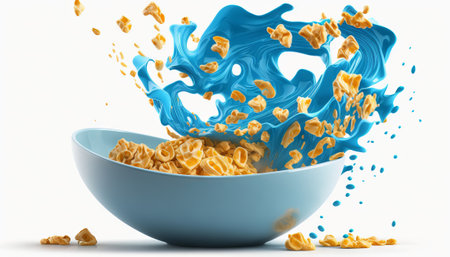 cornflakes in blue bowl. Breakfast cereal with splashing milk isolated on white backgroundの素材