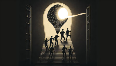 a silhouette leader and his team climbing a ladder towards a bulb-shaped door, symbolizing the effort required to achieve success and reach new opportunitiesの素材