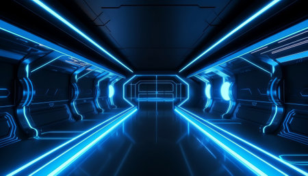 Blue White Led Lights Sci Fi Futuristic Modern Spaceship Dark Tunnel Corridor Garage Metal Glossy Showroom Empty Stage 3D Rendering Illustrationの素材