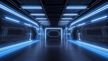 Blue White Led Lights Sci Fi Futuristic Modern Spaceship Dark Tunnel Corridor Garage Metal Glossy Showroom Empty Stage 3D Rendering Illustrationの素材