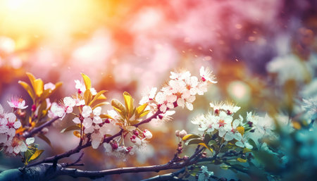 Art nature Spring border or blurred background art with pink blossom blooming treeの素材