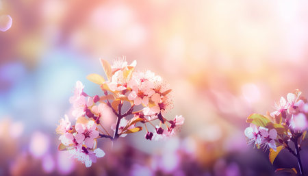 Art nature Spring border or blurred background art with pink blossom blooming treeの素材