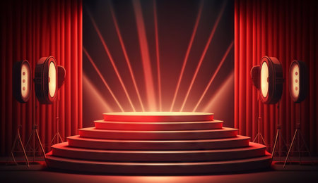 Stage for a show or TV entertainment with microphone, stairs, red curtains, spotlights, illumination and decor. stand up amusement or music concert area, podium for artistsの素材
