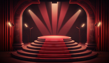 Stage for a show or TV entertainment with microphone, stairs, red curtains, spotlights, illumination and decor. stand up amusement or music concert area, podium for artistsの素材