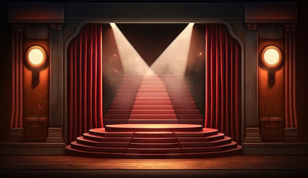 Stage for a show or TV entertainment with microphone, stairs, red curtains, spotlights, illumination and decor. stand up amusement or music concert area, podium for artistsの素材