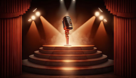 Stage for a show or TV entertainment with microphone, stairs, red curtains, spotlights, illumination and decor. stand up amusement or music concert area, podium for artistsの素材