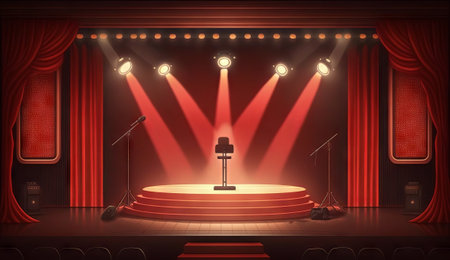 Stage for a show or TV entertainment with microphone, stairs, red curtains, spotlights, illumination and decor. stand up amusement or music concert area, podium for artistsの素材