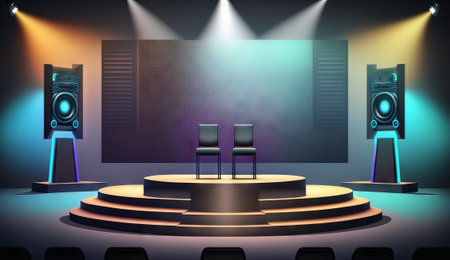 Stage of conference hall, presentation and concert scene. Modern event stage with speaker podium, chair seats, spotlights and projector display monitors on screenの素材