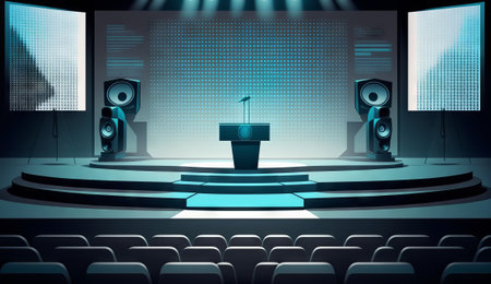 Stage of conference hall, presentation and concert scene. Modern event stage with speaker podium, chair seats, spotlights and projector display monitors on screenの素材
