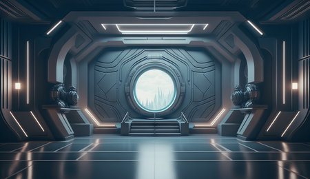 Futuristic interior with empty stage. Modern Future background. Technology Sci-fi hi tech concept. 3d renderingの素材