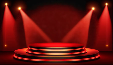 Stage podium with lighting, Stage Podium Scene for Award Ceremony on red Backgroundの素材