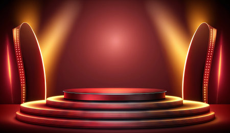 Stage podium with lighting, Stage Podium Scene for Award Ceremony on red Backgroundの素材
