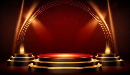 Stage podium with lighting, Stage Podium Scene for Award Ceremony on red Backgroundの素材