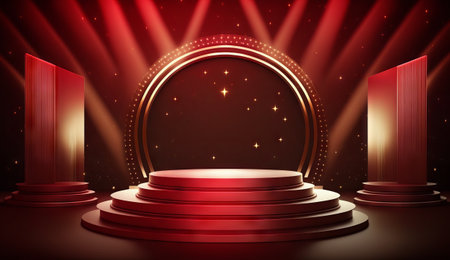 Stage podium with lighting, Stage Podium Scene for Award Ceremony on red Backgroundの素材