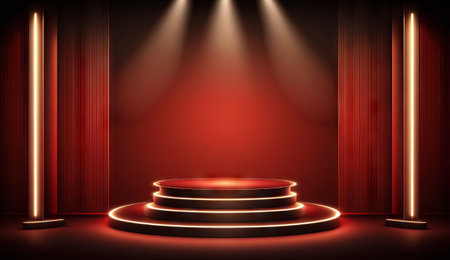 Stage podium with lighting, Stage Podium Scene for Award Ceremony on red Backgroundの素材