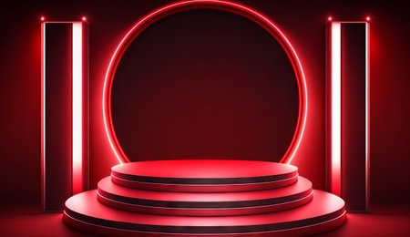 Stage podium with lighting, Stage Podium Scene for Award Ceremony on red Backgroundの素材