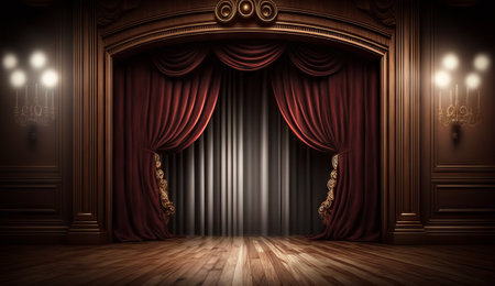 The classic maroon curtains with light descended onto the center of the stage. Standard ornament dangling curtains with classic brown parquet wood floorsの素材