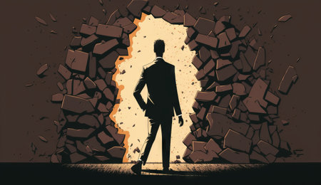 Business concept illustration of businessman insistently looking for way out by breaking the wall, persistence, determination conceptの素材